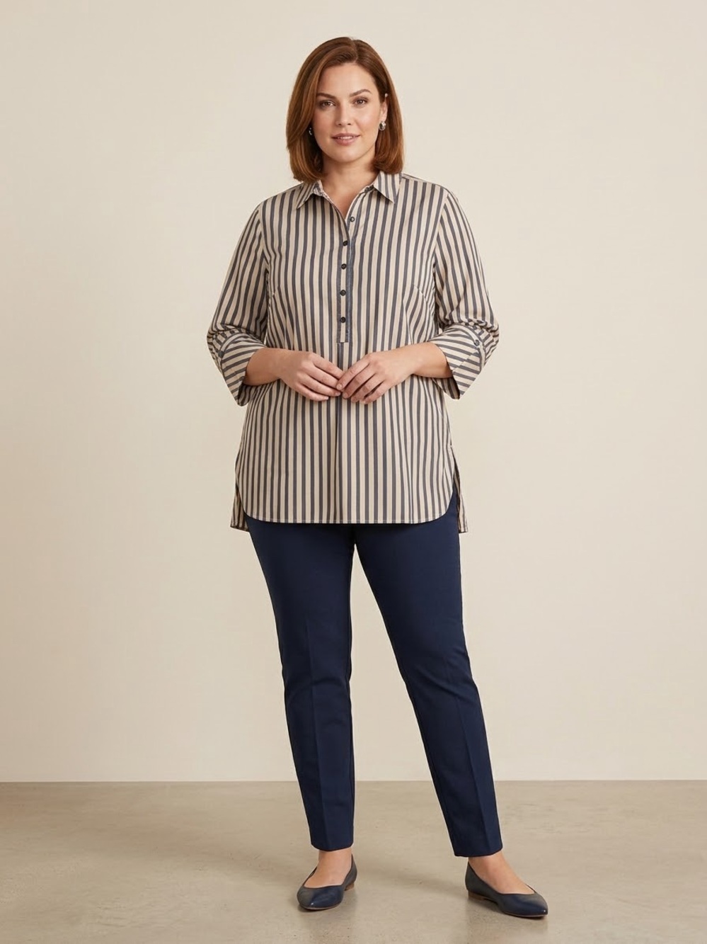 Foxcroft 16W Striped Tunic Shirt 3/4 Sleeve Button Front Plus Size